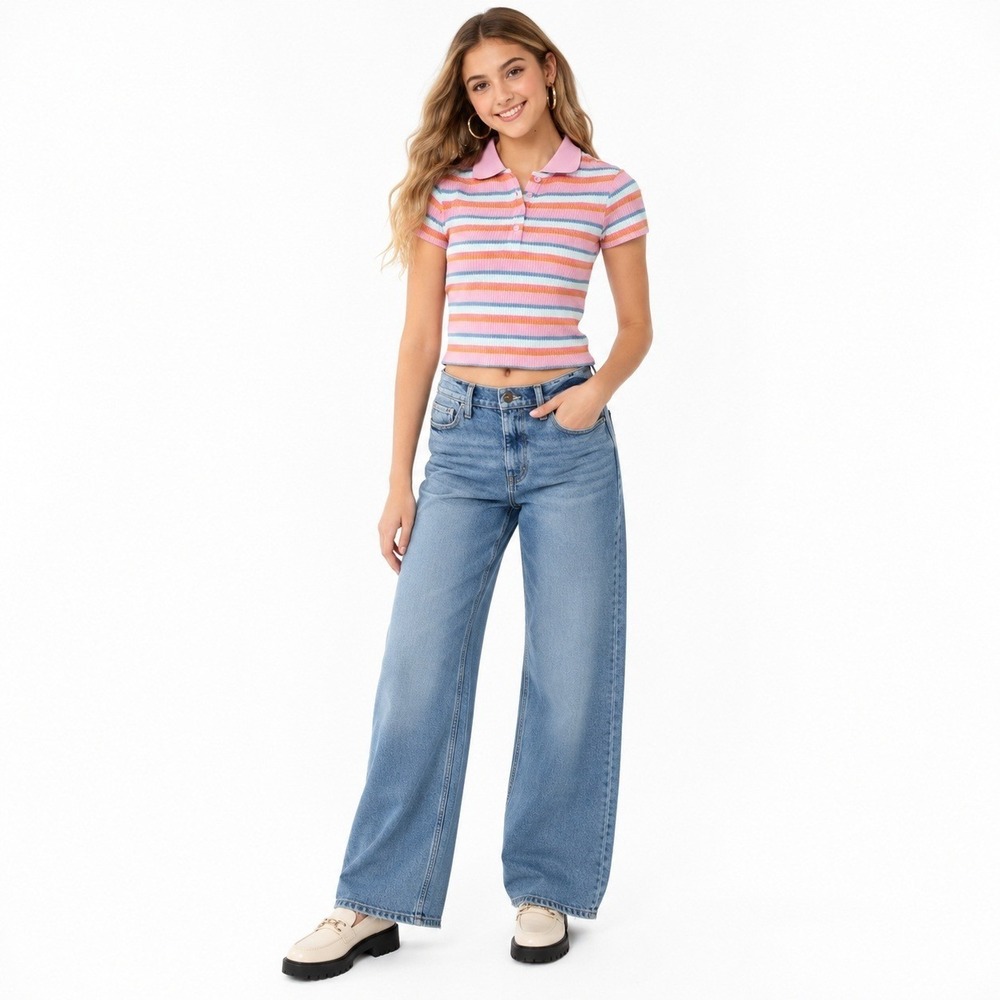 Y2K Soft Girl Ribbed Cropped Short Sleeve Polo Pink Striped Preppy Juniors XXL